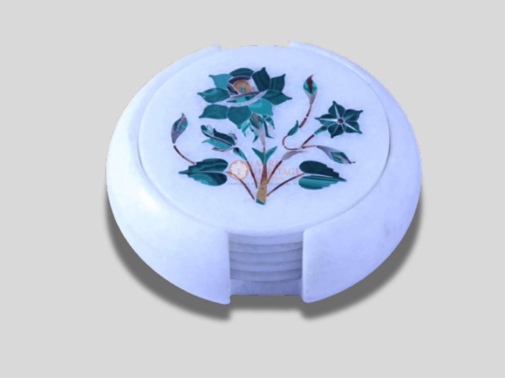 Round Marble Malachite Coaster Set Inlay Floral Home Decor Gifts